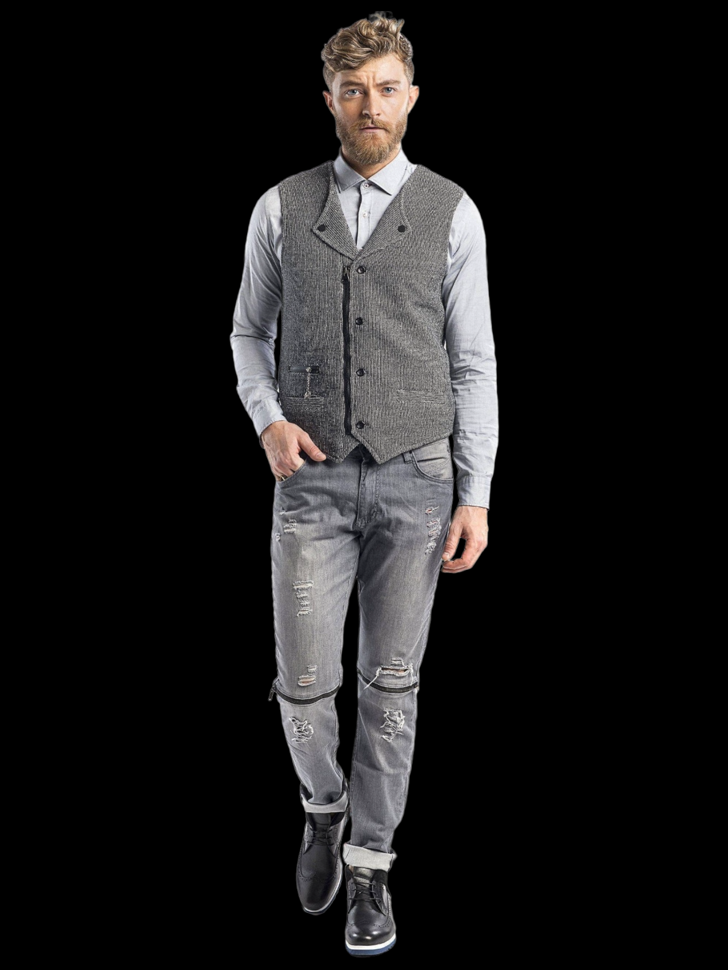 COLLARED ZIP BUTTON CLOSURE VEST - Black White