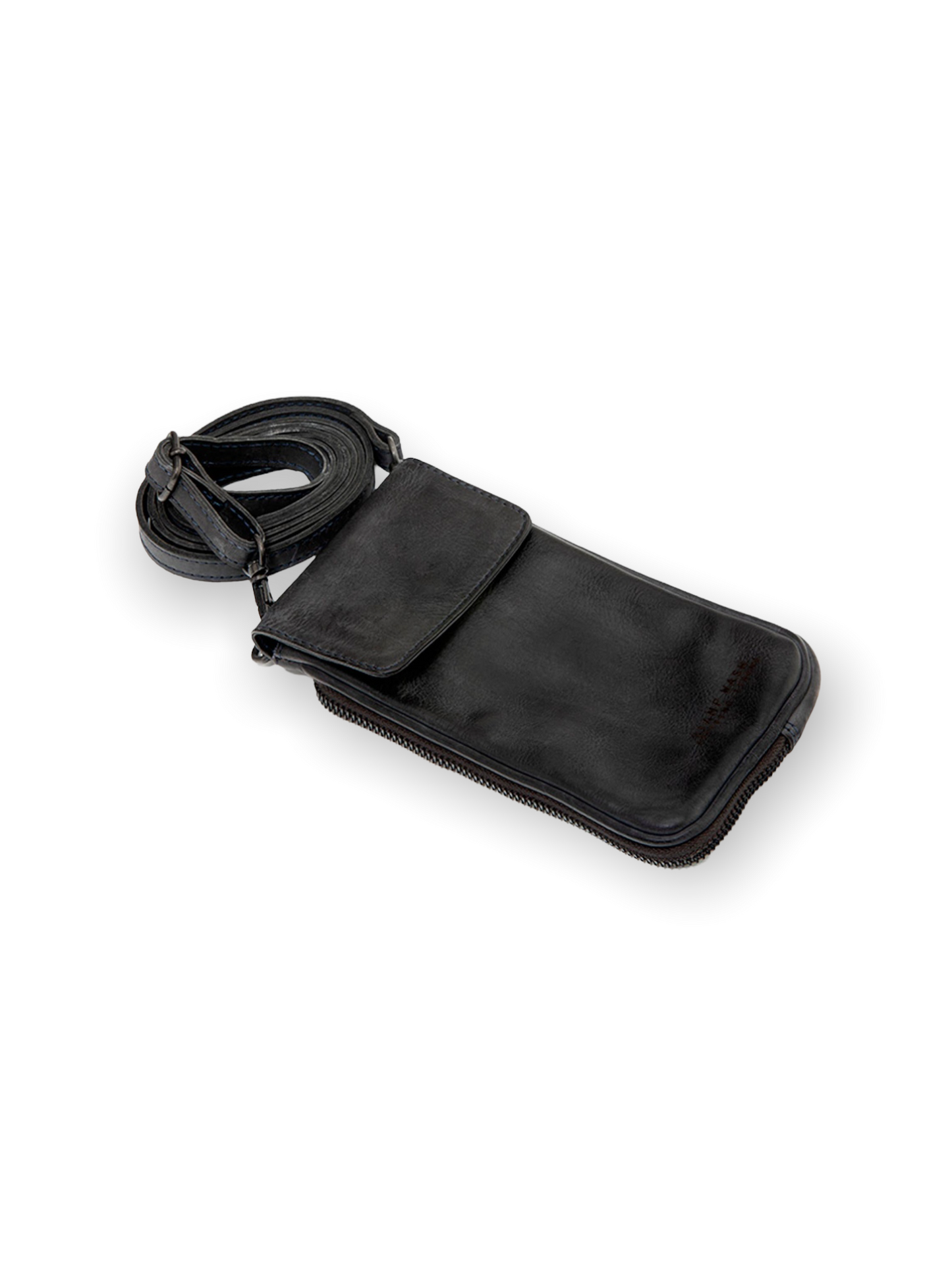 STAMP MOBILE PHONE BAG IN BLACK LEATHER