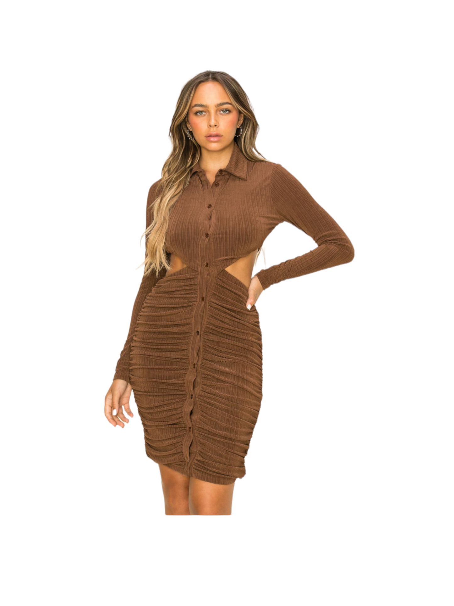 SELF OBSESSED BUTTON UP SLINKY DRESS BROWN