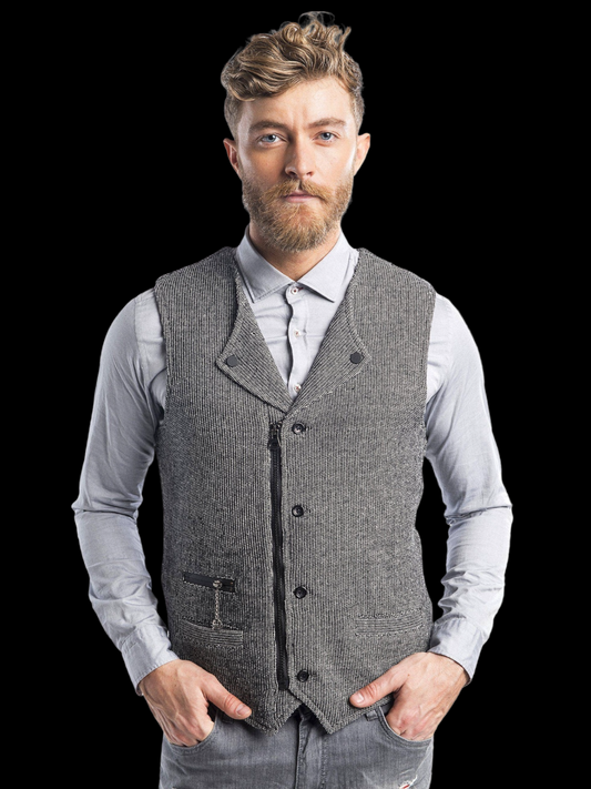 COLLARED ZIP BUTTON CLOSURE VEST - Black White