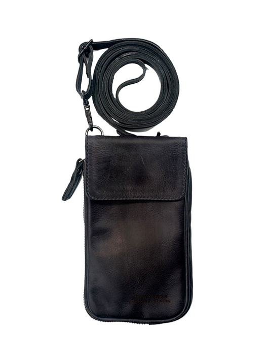STAMP MOBILE PHONE BAG IN BLACK LEATHER