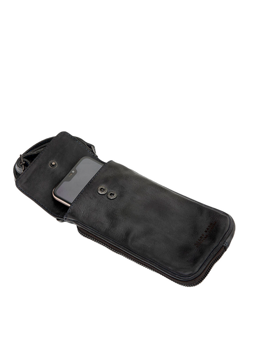 STAMP MOBILE PHONE BAG IN BLACK LEATHER