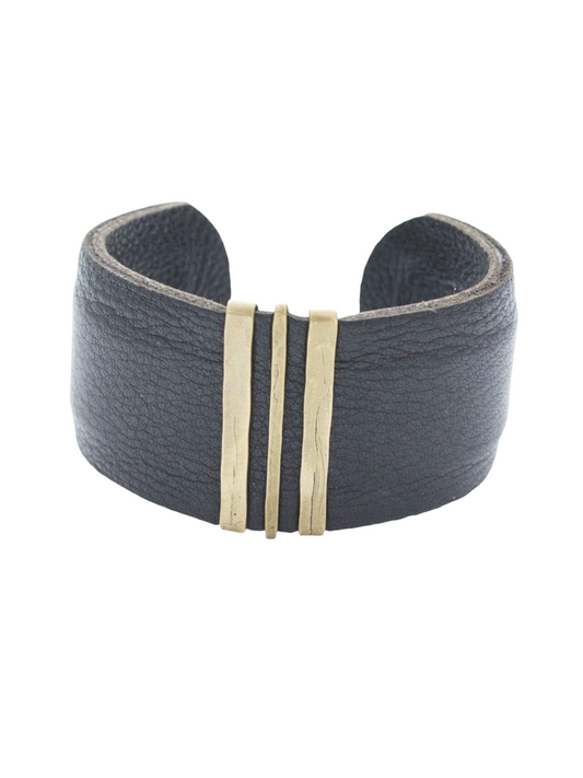 TRIPLE BRONZE BAR LEATHER CUFF BRACELET